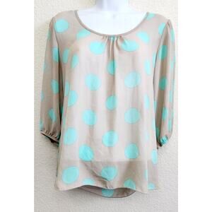 Heartsoul Tan Teal Polka Dot Top Medium Crisscross Back Lightweight Flowy Soft